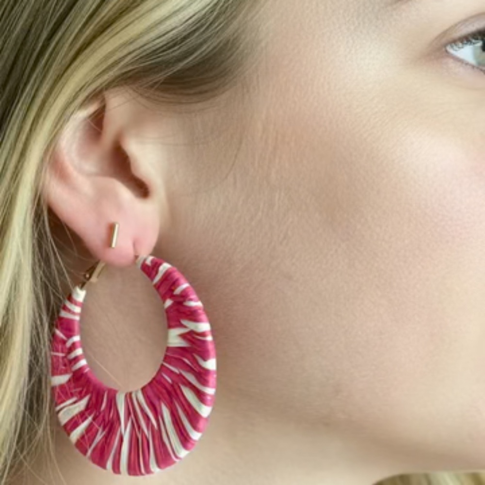 NWT Hot Pink and White Raffia Hoop Earrings
